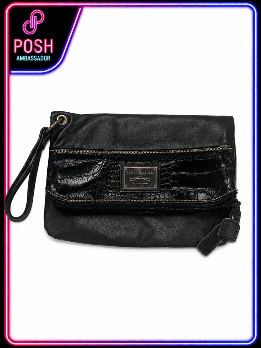 ⭐ Tommy Hilfiger Black Fold Over Wristlet Clutch Purse | Faux Croc Accent  Women - Picture 8 of 8